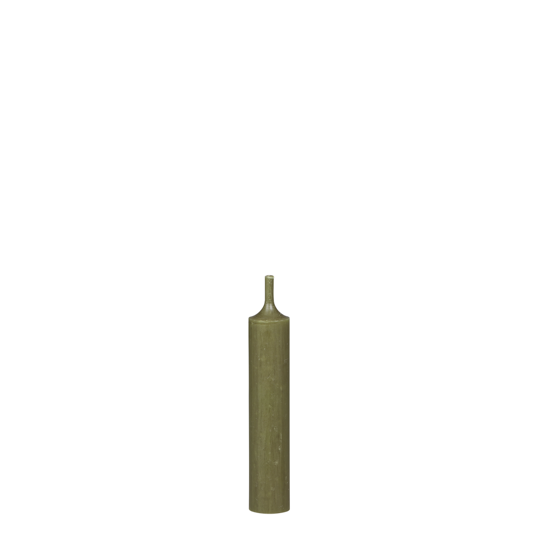 Bundle of Ten Short Olive Green Dinner Candles in a sleek design, perfect for elegant dining settings.