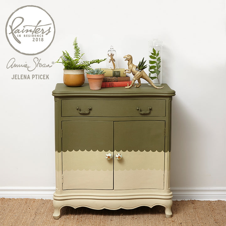 cupboard painted in Versailles at the bottom and Olive Chalk Paint at the top, all by Annie Sloan