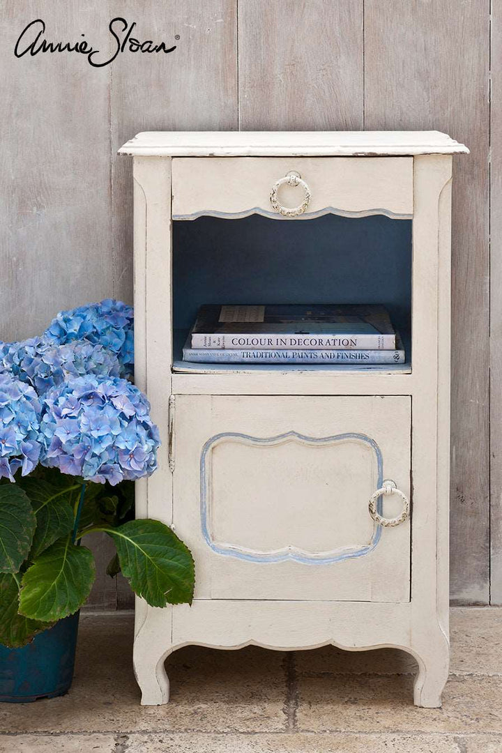 small French style bedside table painted in Original Chalk Paint with blue highlights