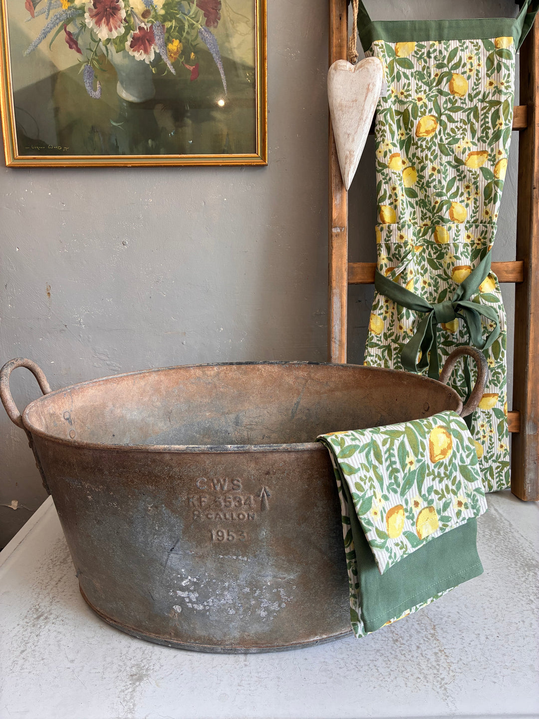 Vintage Oval Galvanised Tub from 1953, perfect for decor or gardening. Source for the Goose, Devon.