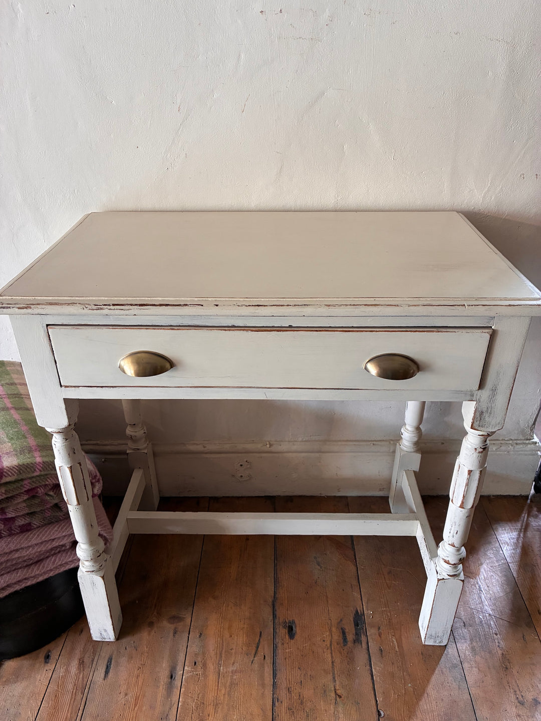 Vintage painted side table with drawer, off-white finish and elegant turned legs from Source for the Goose, Devon.