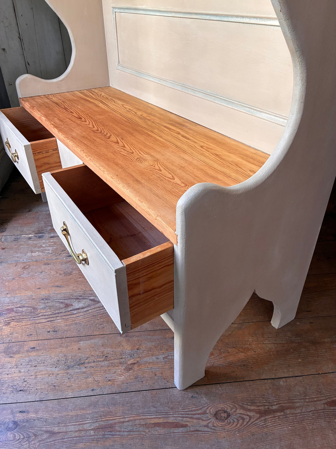 Painted Pine Monks Bench with rustic solid pine, featuring hidden storage drawers and a high panelled back.