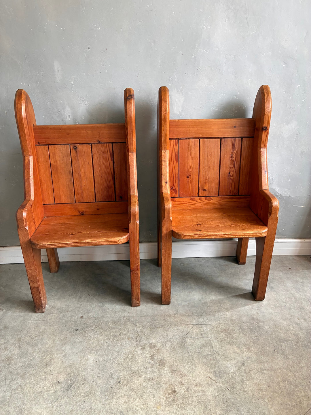 Pair of Small Pine Church Pews featured in rustic pine finish, ideal for vintage home decor and dining.