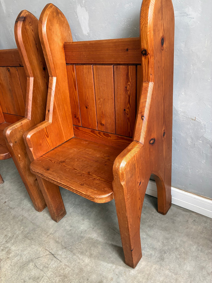 Pair of Small Pine Church Pews with panelled backrest and rustic design from Source for the Goose, Devon.