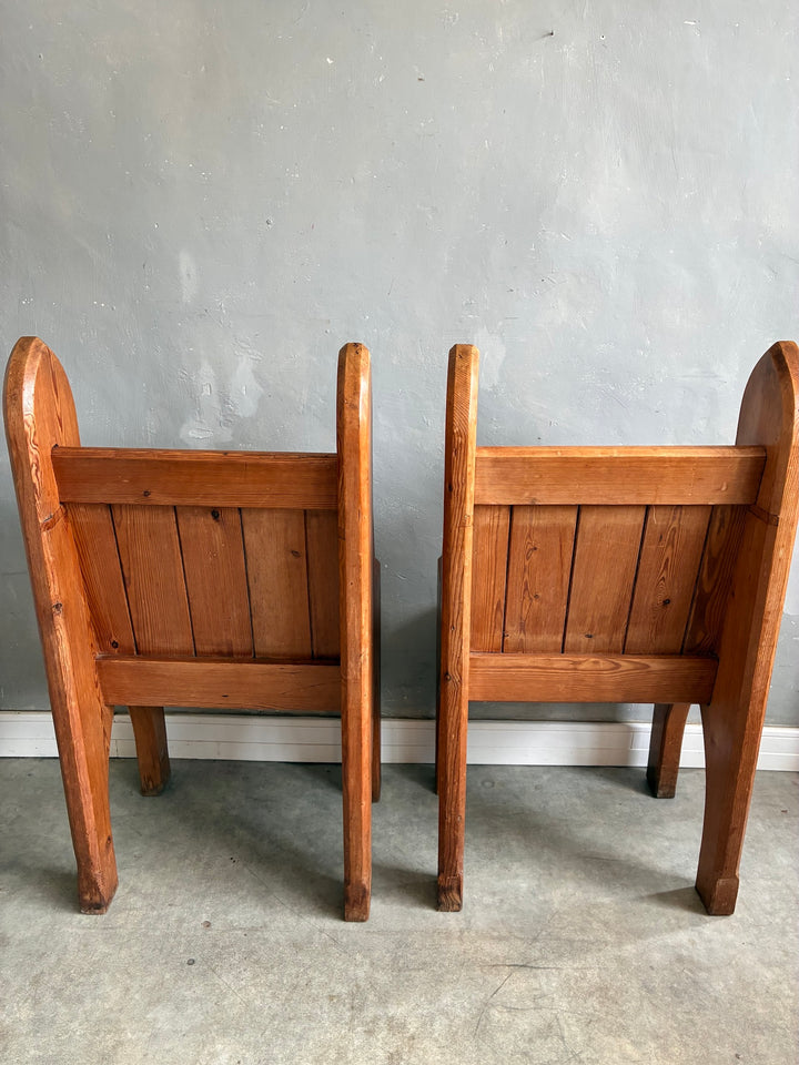 Pair of Small Pine Church Pews showcasing rustic charm with panelled backrest and arched legs.