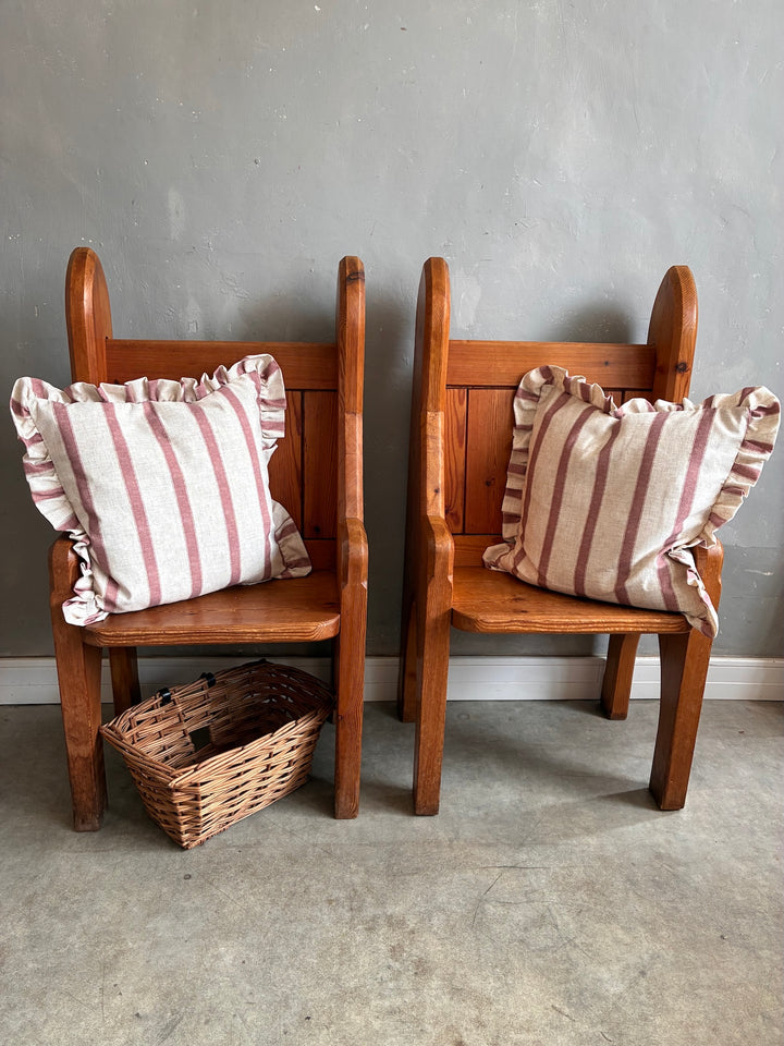 Pair of Small Pine Church Pews with cushions and a basket, showcasing rustic charm and period appeal.