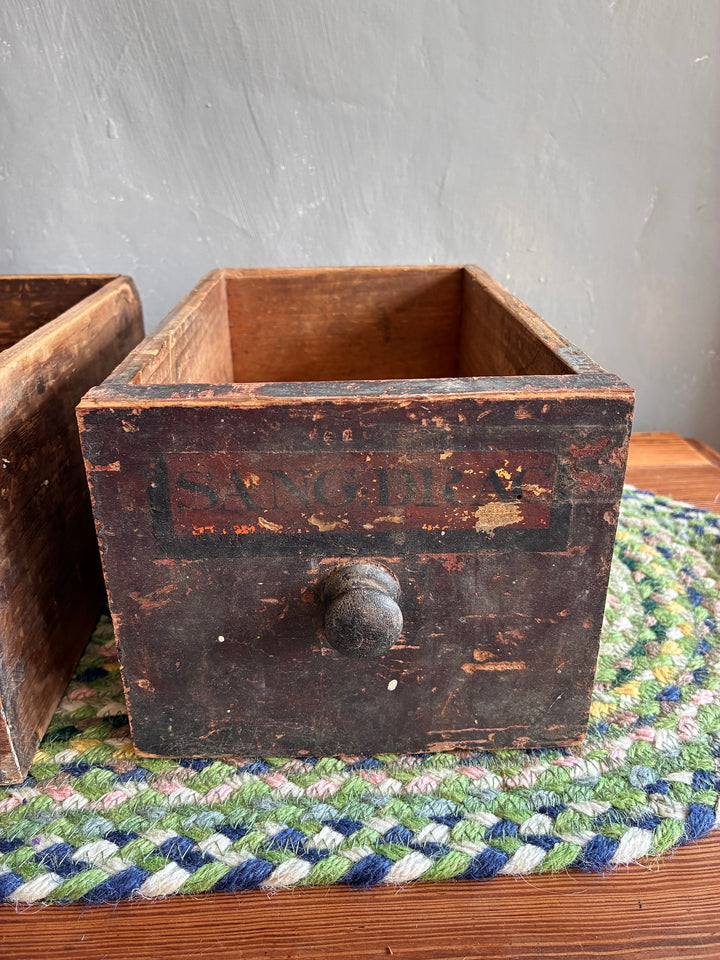 Vintage apothecary drawer with rustic patina, ideal for storage or decorative plant holder. Source for the Goose, Devon.