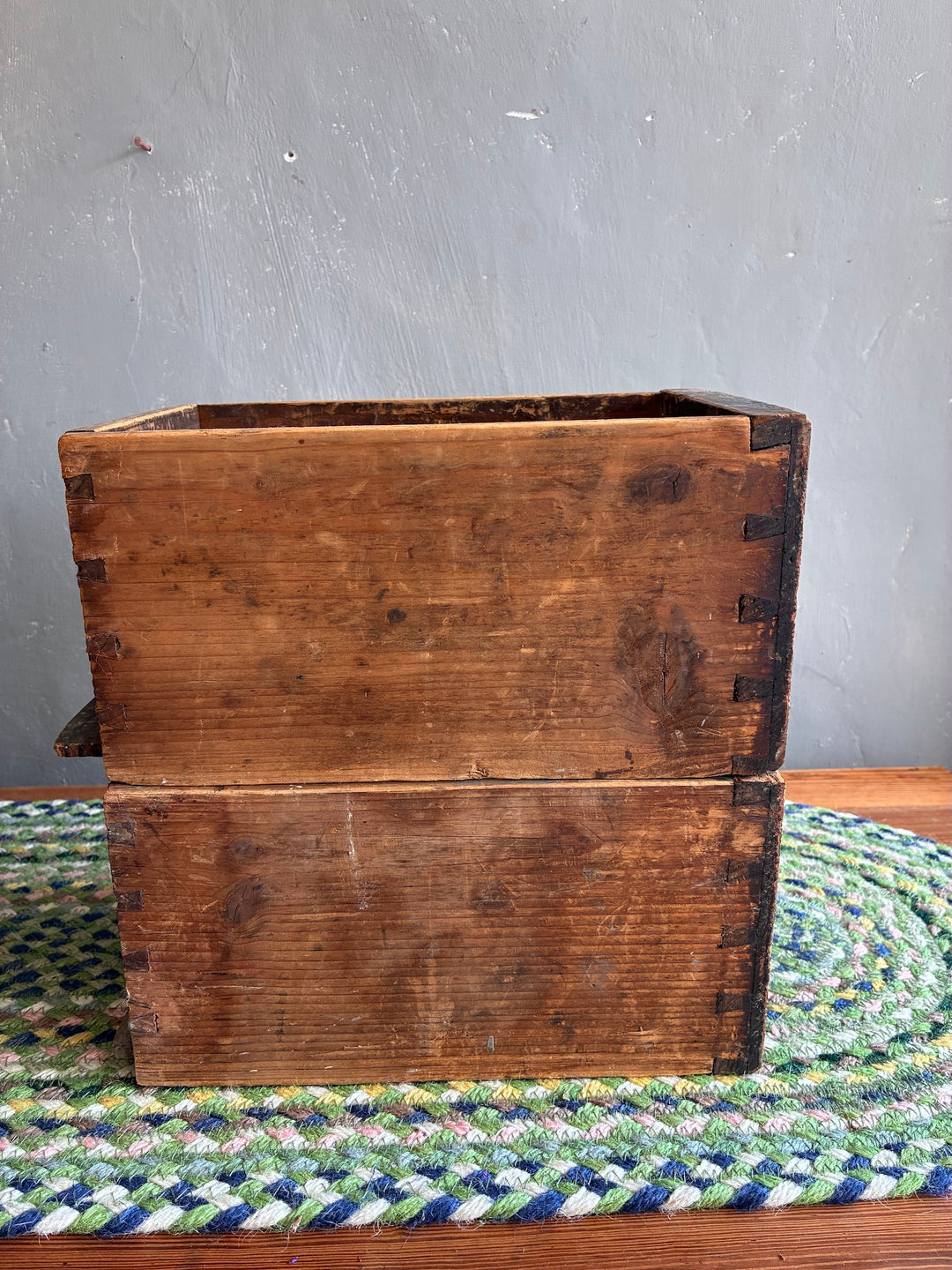 Pair of vintage apothecary drawers with rustic wood finish, perfect for storage or as a unique plant holder from Source for the Goose, Devon.