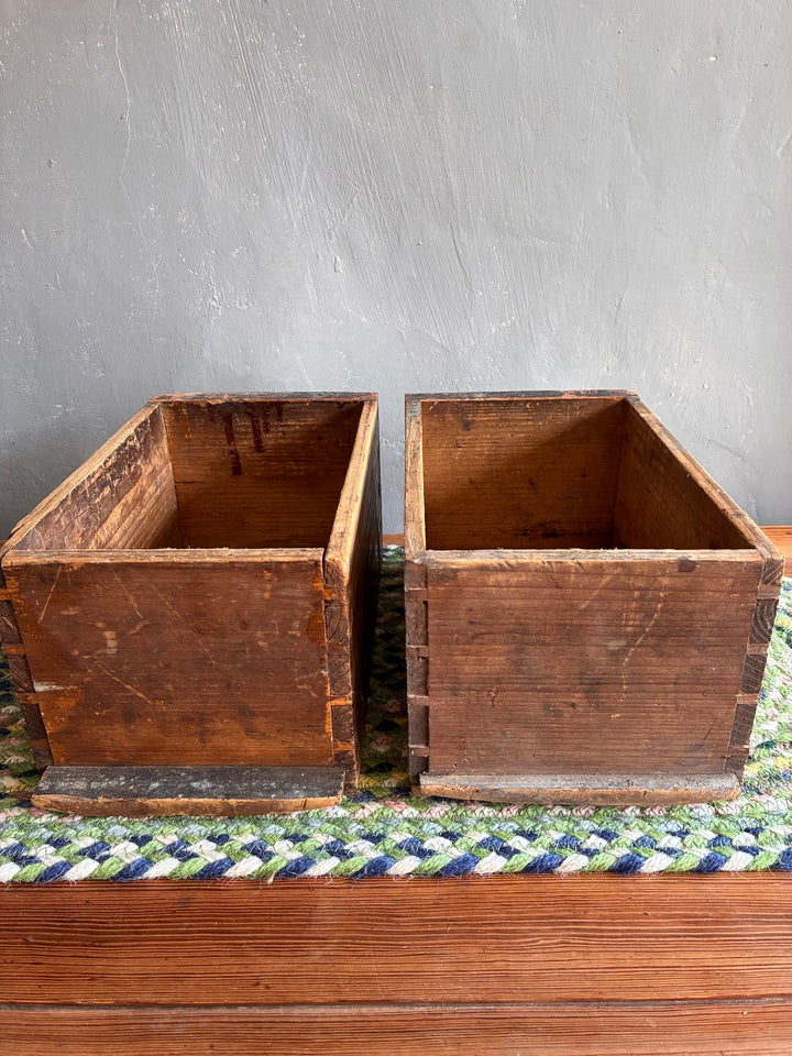 Pair of vintage apothecary drawers with rustic wood finish, sourced from Source for the Goose, Devon.