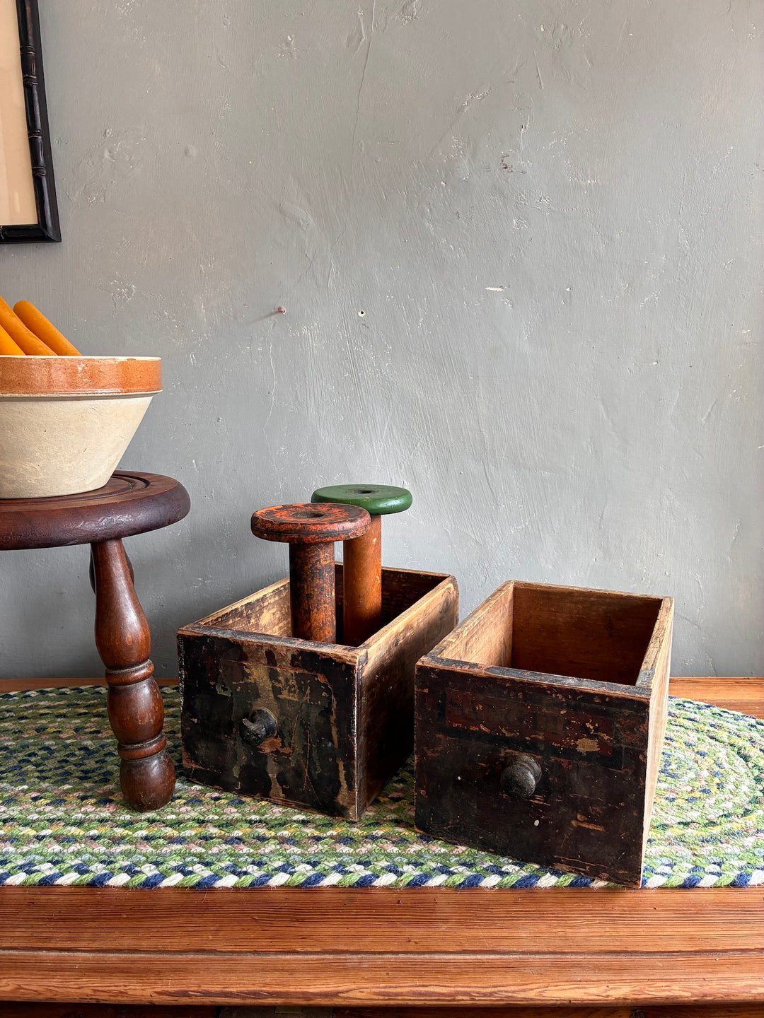 Pair of vintage apothecary drawers from Source for the Goose, Devon, perfect for storage or as stylish decor.
