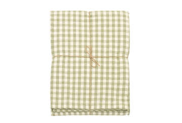 Pale Olive Gingham Tablecloth neatly tied with twine, showcasing its classic check pattern and soft green tones.
