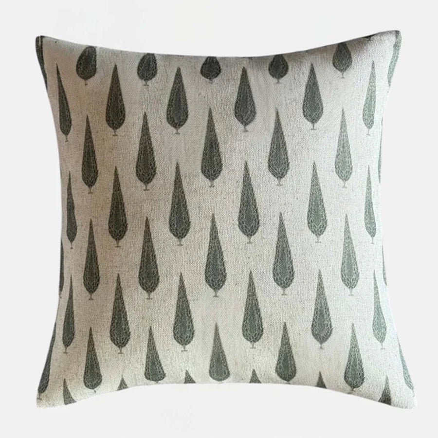 Pine Grove Eucalyptus Cushion with block-printed conifer pattern in deep green by Source for the Goose, Devon.