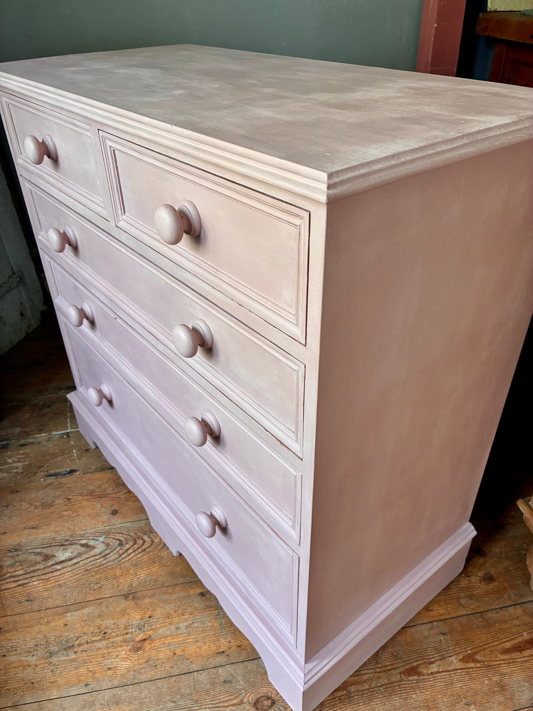 Soft Pink Chest of Drawers from Source for the Goose in Devon, handpainted with artisan detailing and timeless design.