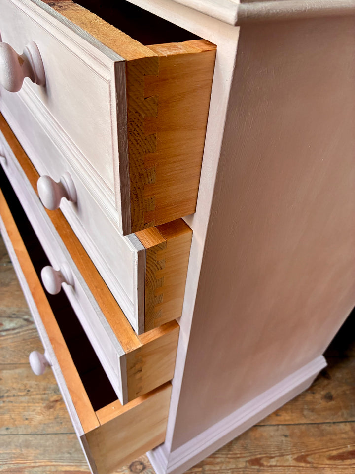 Soft Pink Chest of Drawers with visible drawer details and artisanal craftsmanship by Source for the Goose, Devon.