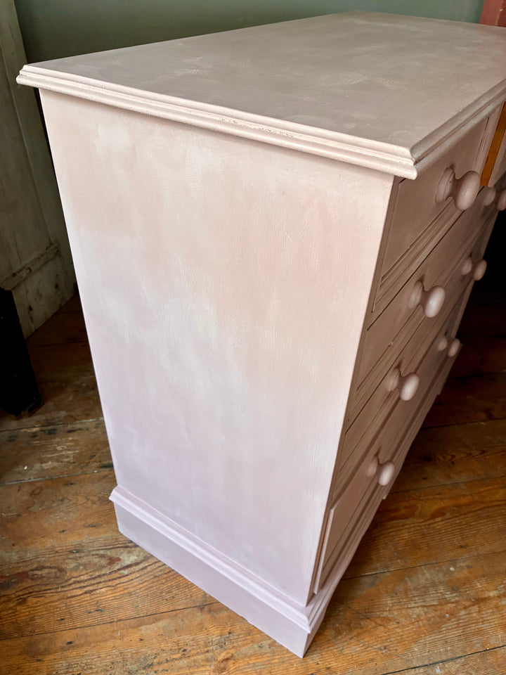 Soft Pink Chest of Drawers from Source for the Goose, Devon, showcasing handpainted wooden details.