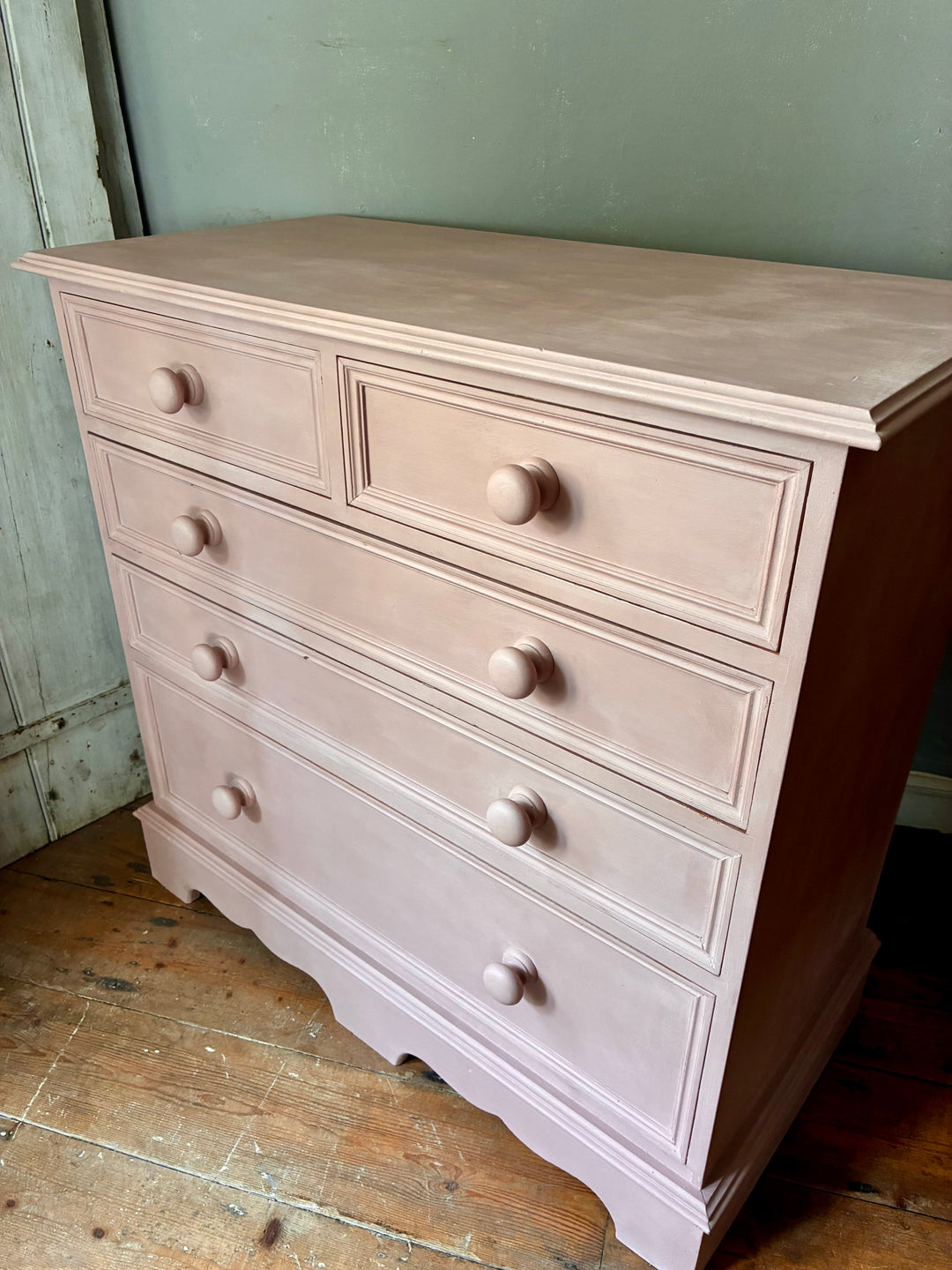 Soft Pink Chest of Drawers from Source for the Goose Devon, handpainted with a timeless design and six drawers.
