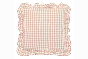 Plaster Pink Ruffle Cushion by Source for the Goose, Devon, featuring a charming ruffle and checkered design.