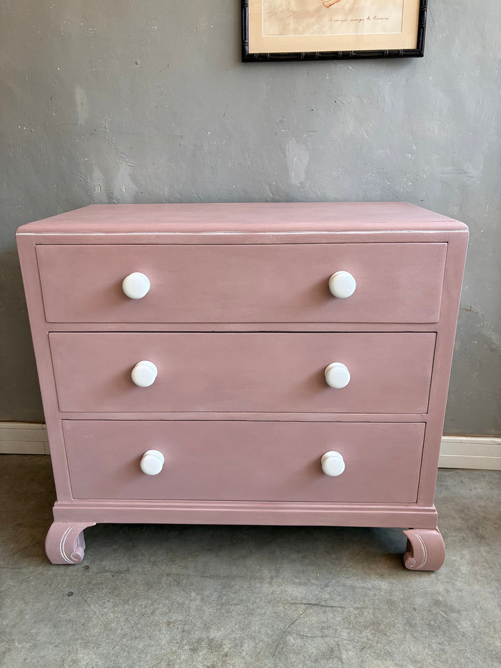 Pink Chest of Drawers with Porcelain Handles from Source for the Goose Devon, vintage 1930s style.