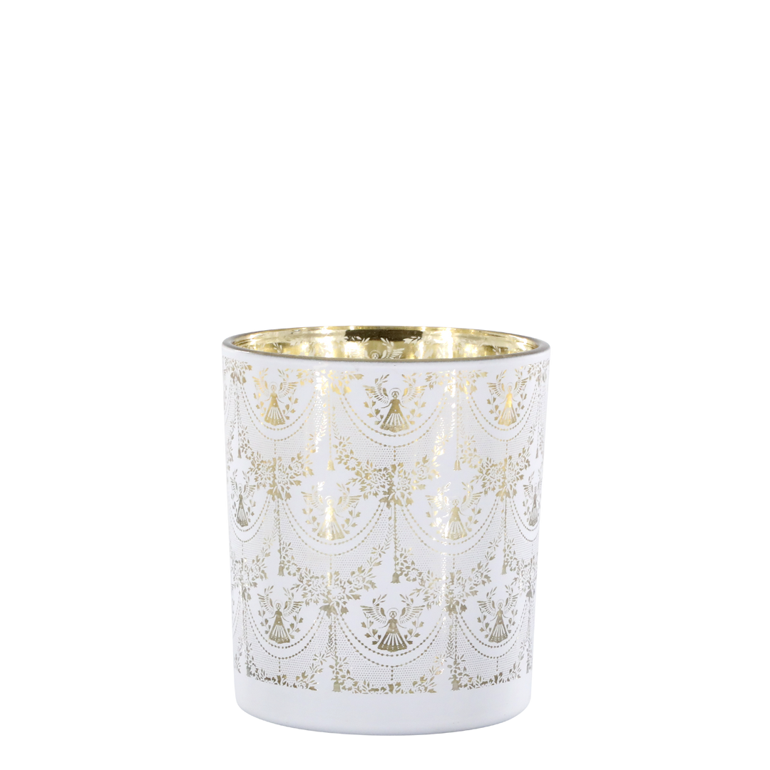 Pretty glass hurricane candle holder with gold interior and lace design from Source for the Goose, Devon.