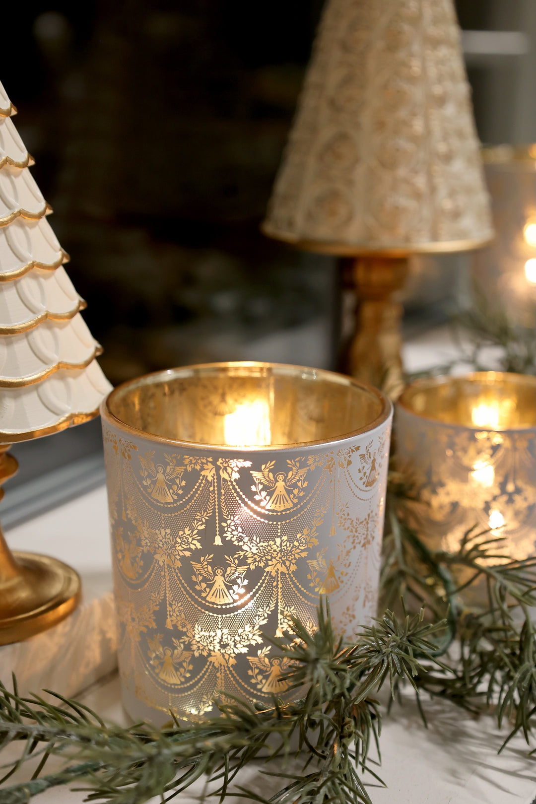 Pretty glass hurricane candle holder with gold interior, perfect for seasonal decor, Source for the Goose, Devon.