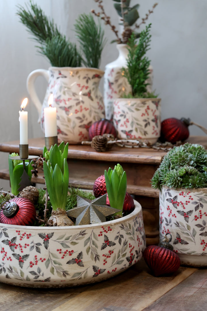 Pretty Holly and Berry Decorative Planter with hyacinths and festive decor by Source for the Goose, Devon.