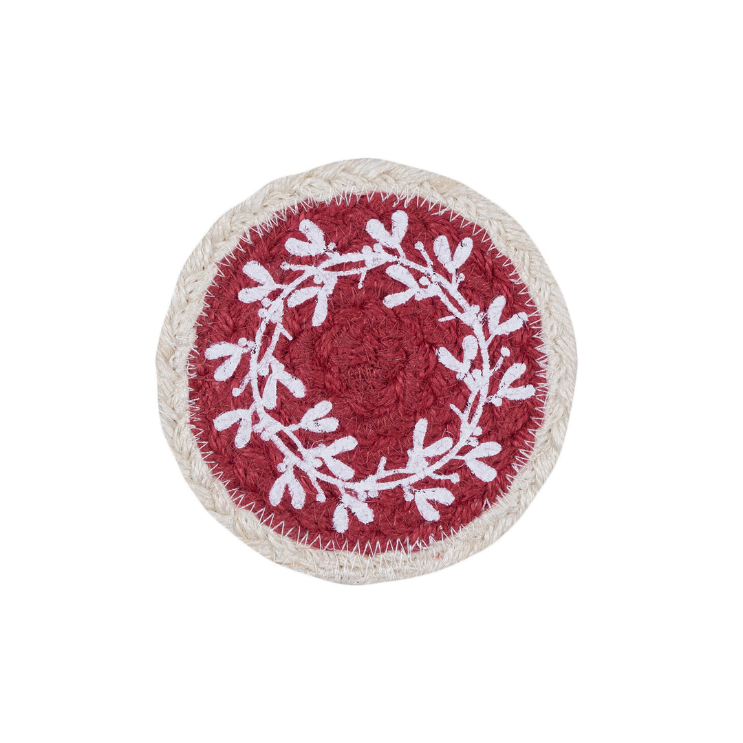 Red Berry Jute Coasters - Set of Six with festive white mistletoe design on a berry background.