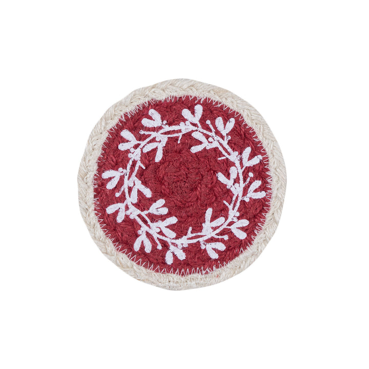 Red Berry Jute Coasters - Set of Six with festive white mistletoe design on a berry background.