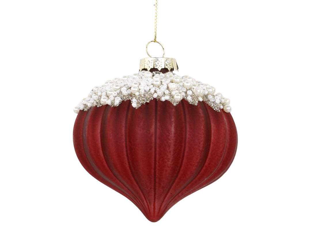 Red French Style Christmas Bauble with pearl beads on top for sale at Source for the Goose 