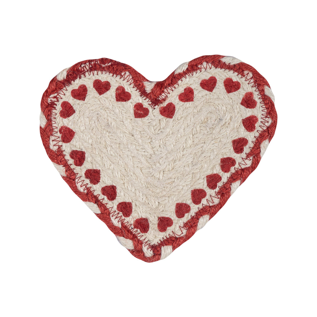 Red hearts and white heart-shaped jute coaster from Source for the Goose, Devon. Perfect for elegant table settings.