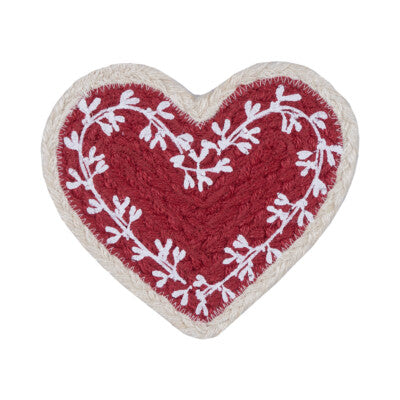Heart Shaped Red Berry Jute Coaster with white mistletoe pattern on red background from Source for the Goose Devon.