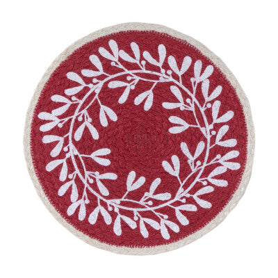 Set of Six Red Berry Round Jute Placemats - 30cm with a white berry pattern on red jute.