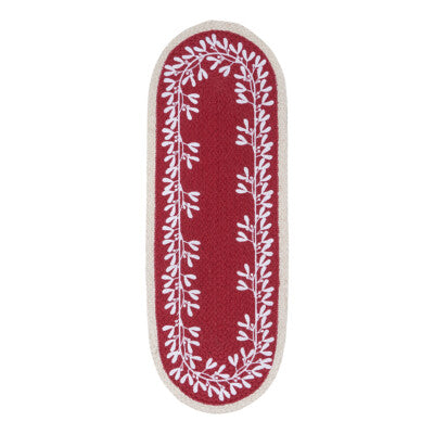 Red Berry Jute Table Runner - Christmas Tableware with white mistletoe stencil and braided white border.