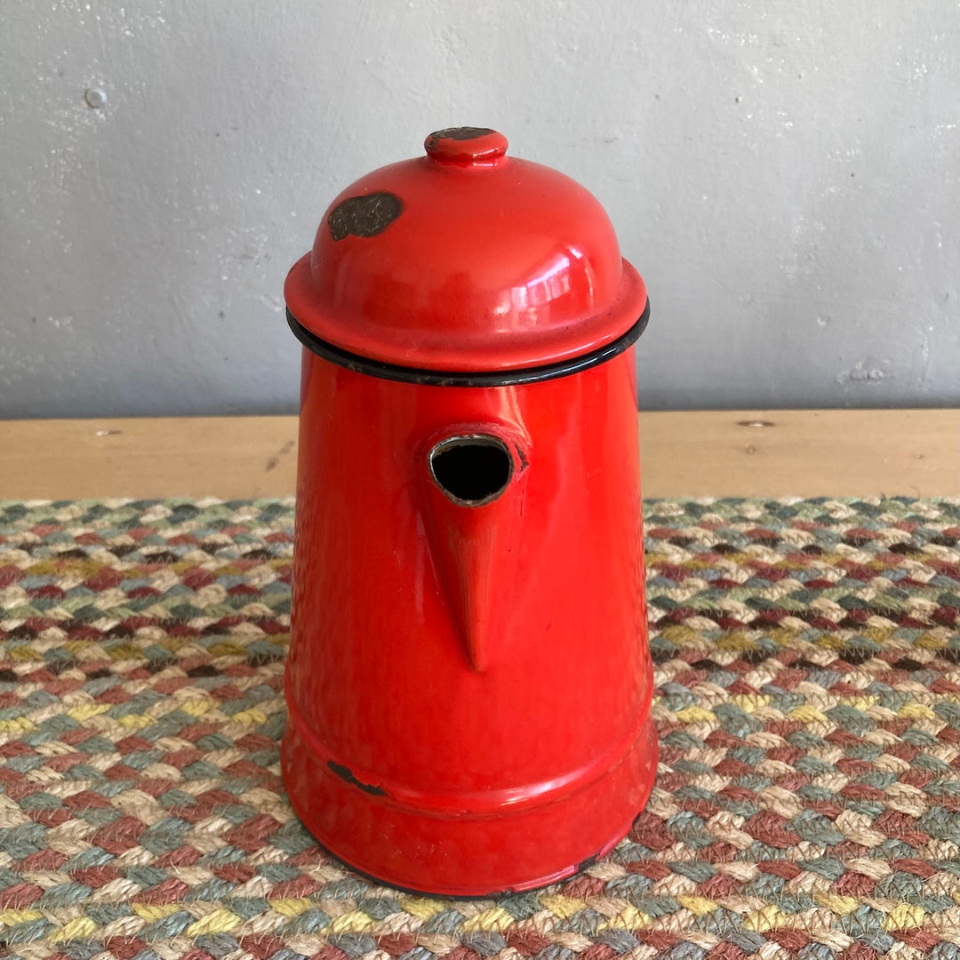 Vintage red enamel tea and coffeepot, perfect for rustic kitchens, from Source for the Goose, Devon. Polished charm.
