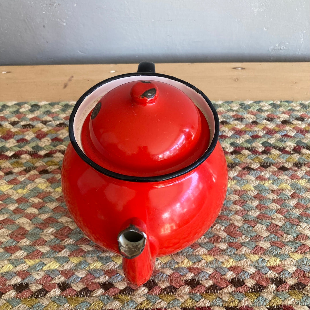 Vintage red enamel tea and coffeepot from Source for the Goose, Devon, featuring rustic charm and perfect for country kitchens.