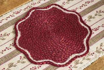 Deep Red Scalloped Jute Placemat featuring delicate white trim on a decorative table setting.