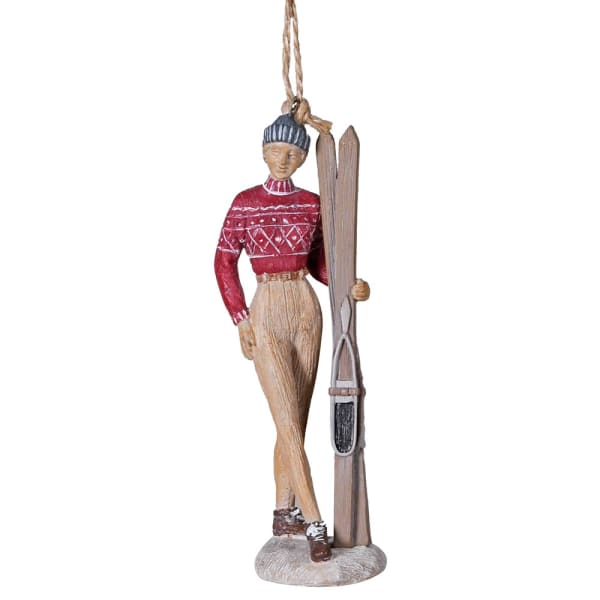Eleanor The Planker- Retro Christmas Decoration featuring a vintage skier holding skis with a cozy sweater.