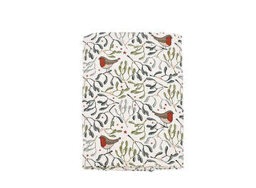 Festive Robin & Mistletoe Tablecloth by Source for the Goose Devon, featuring whimsical Christmas design on a white background.