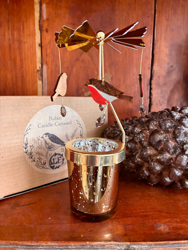 Robin Candle Carousel by Lily Faith – Spinning Christmas Tealight Holder displayed with handmade details and gold finish.