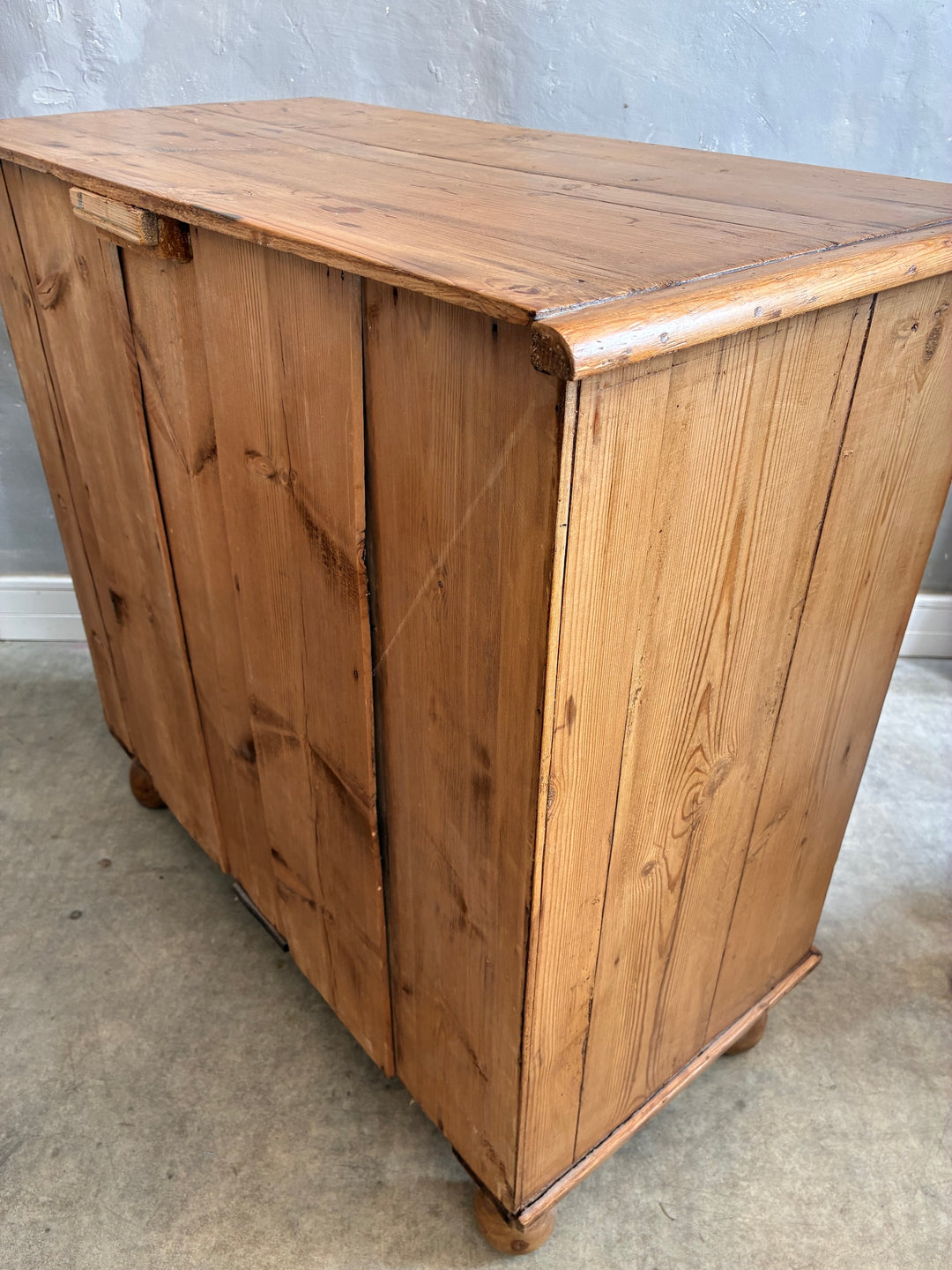 Rustic antique pine chest of drawers with original knobs and turned feet, by Source for the Goose, Devon.