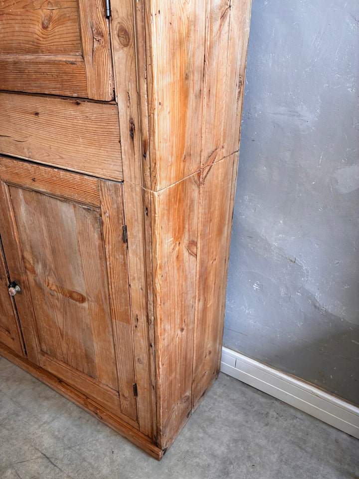 Tall Rustic Pine Housekeepers Cupboard full view showing aged wood and charming character.