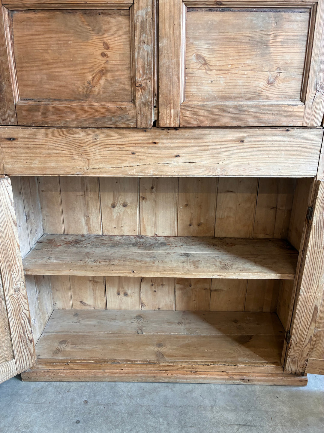 Tall Rustic Pine Housekeepers Cupboard with open shelves and rustic wooden finish.