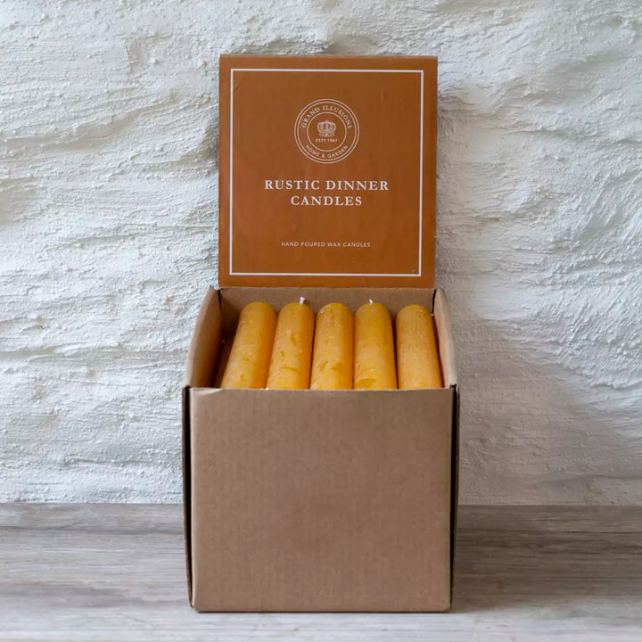 Set of Three Rustic Yellow Ochre Dinner Candles in a box with Rustic Dinner Candles sign.