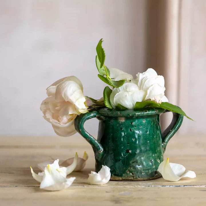 Small Rustic Green Terracotta Flower Pot with flowers and leaves on a wooden table from Source for the Goose Devon.