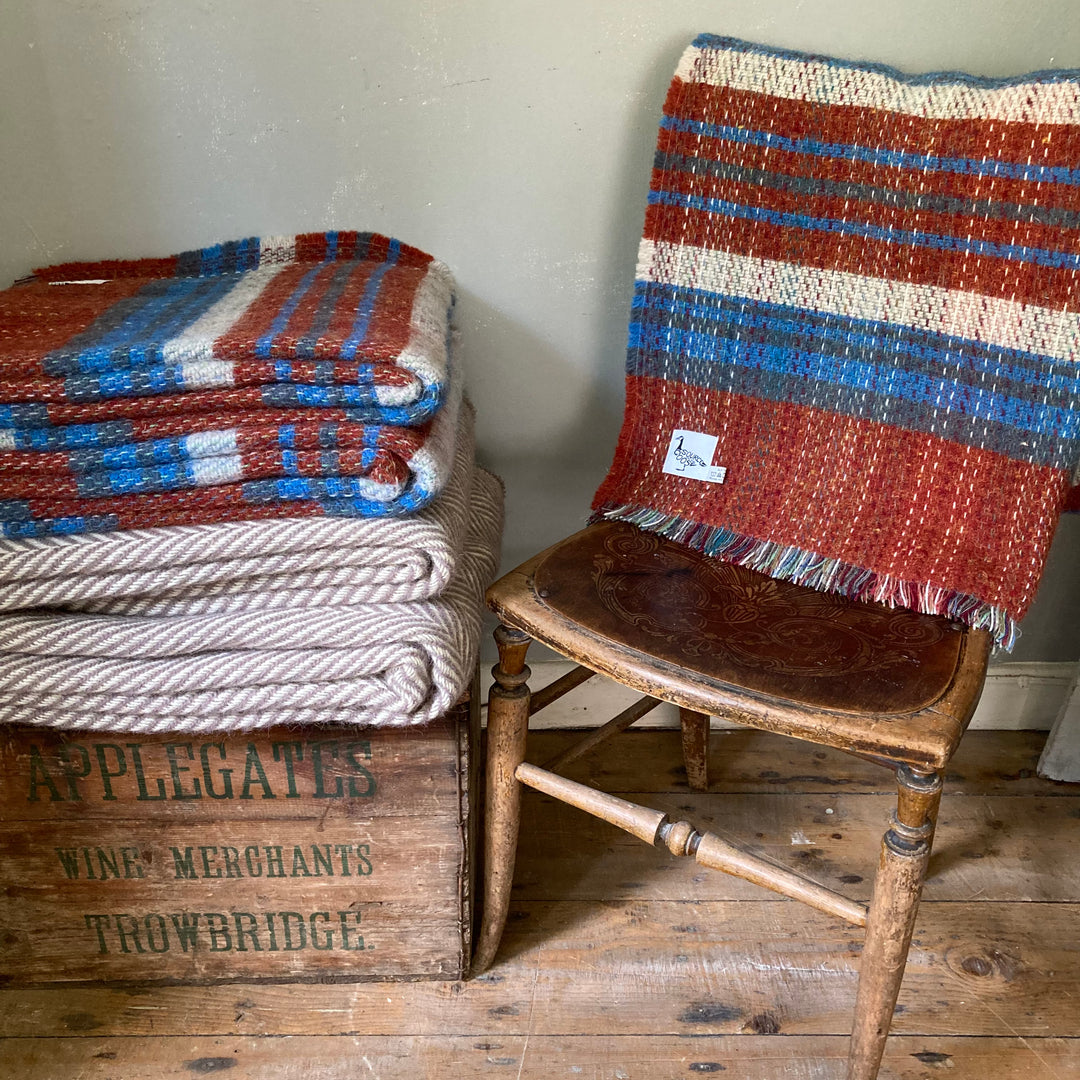 Rustic Red and Blue Stripe Recycled Wool Blanket for sale at Source for the Goose 