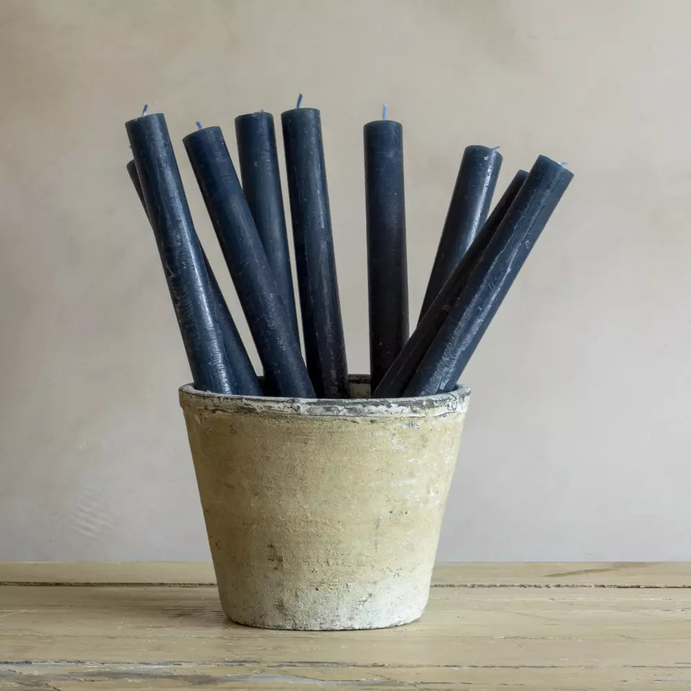 Set of Three Rustic Inky Blue Dinner Candles in a pot, perfect for elegant dining and vintage decor from Source for the Goose Devon.