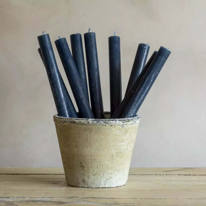 Set of Three Rustic Inky Blue Dinner Candles in a pot, perfect for elegant dining and vintage decor from Source for the Goose Devon.