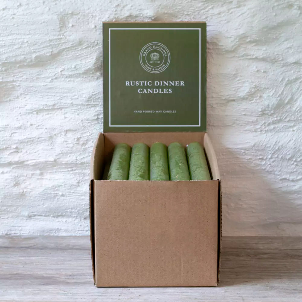 Set of Three Rustic Fern Green Dinner Candles displayed in a box with Rustic Dinner Candles label from Source for the Goose Devon.
