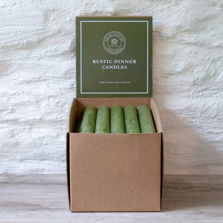 Set of Three Rustic Fern Green Dinner Candles displayed in a box with Rustic Dinner Candles label from Source for the Goose Devon.