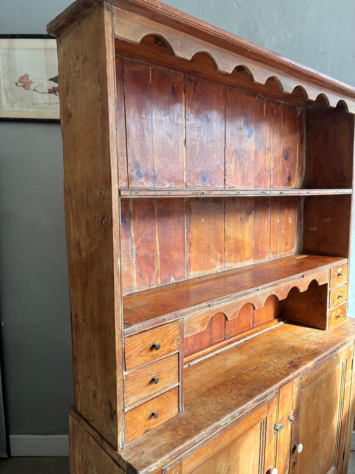 Rustic Antique Pine Dresser showcasing primitive Victorian design with shelves and drawer storage.
