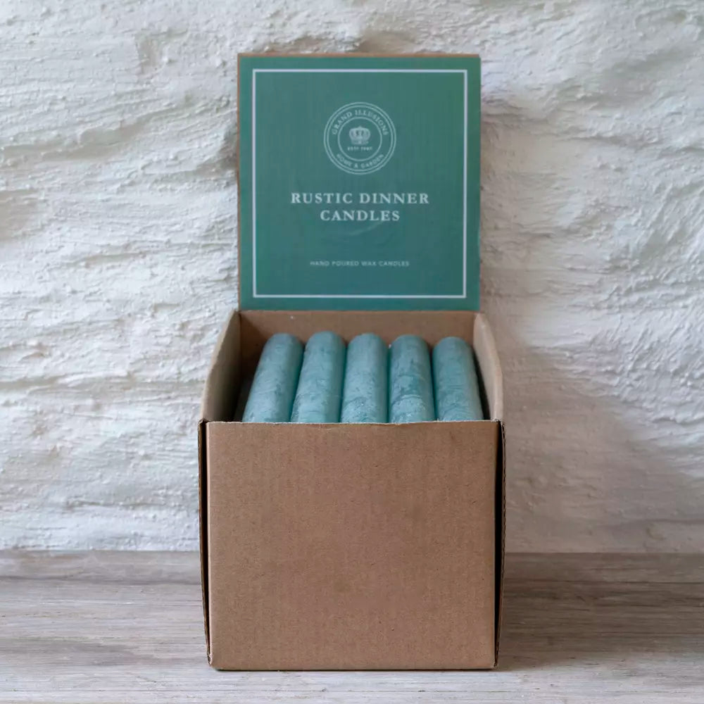 Set of Three Rustic Sea Green Dinner Candles displayed in a box, perfect for adding charm to home decor.